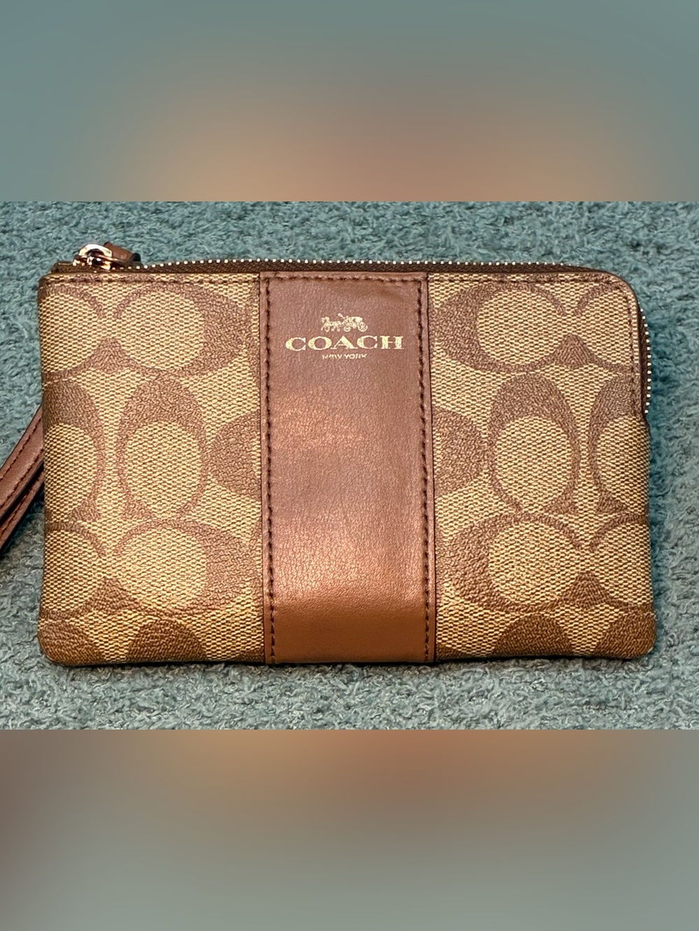 Coach Signature Corner Zip Wristlet Wallet | Khaki & Brown Canvas